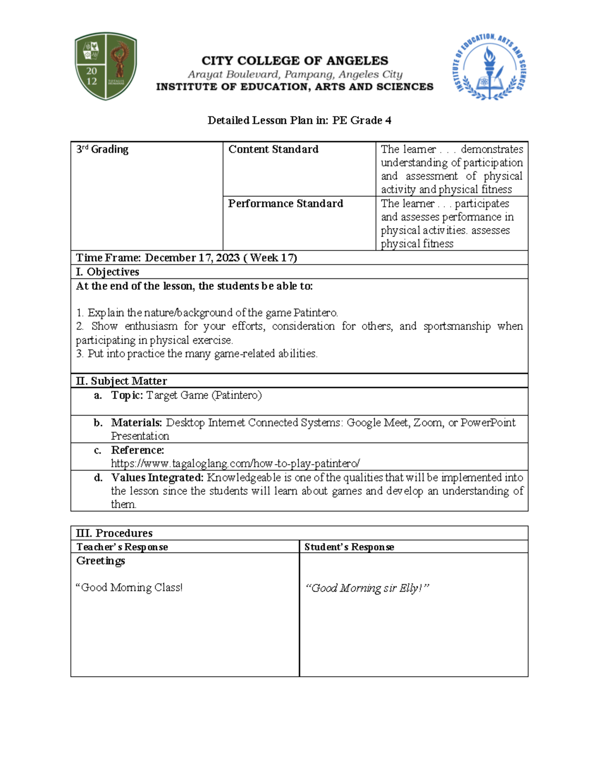 Detailed Lesson Plan on Patintero for PE Grade 4 - Sir Jayson - Studocu