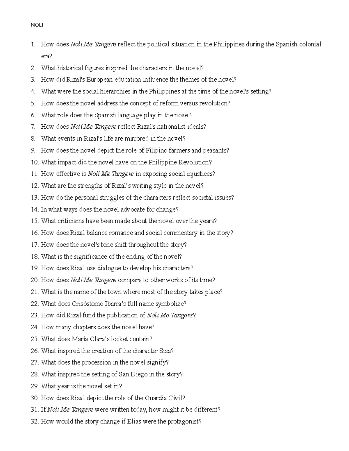 NOLI ME Tangere - questions - NOLI How does Noli Me Tangere reflect the ...