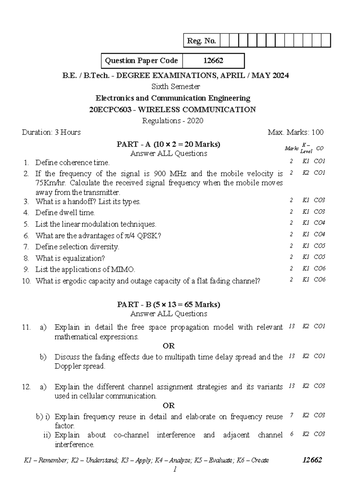 20ECPC603 Wireless Communication Exam Paper - April/May 2024 - Studocu