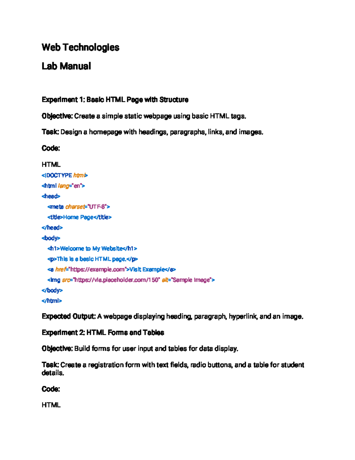 Lab Manual: Web Technologies (WT101) - Experiments Overview - Studocu