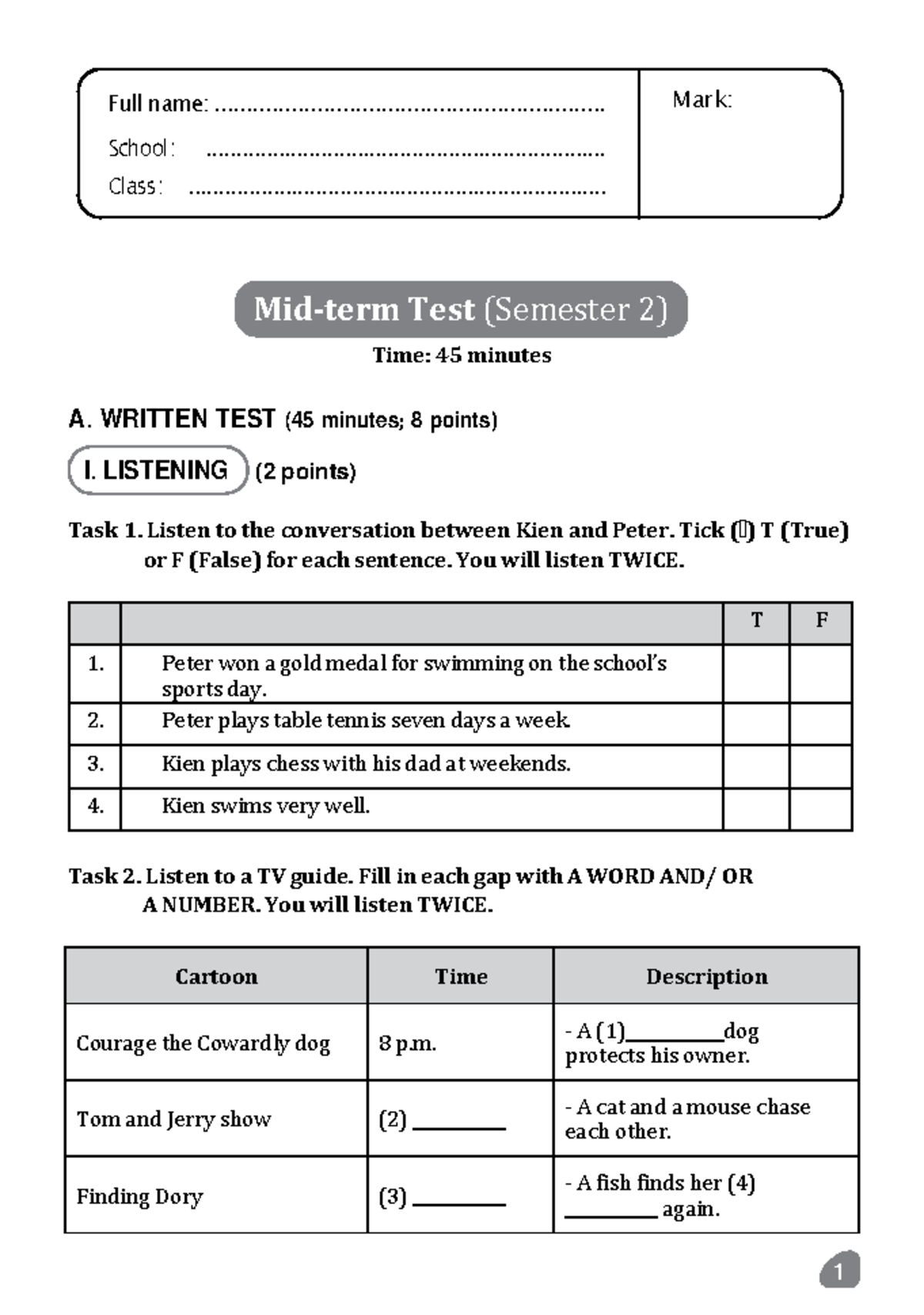 MID-TERM TEST 3 ( Semester 2) - Mid-term Test (Semester 2) Time: 45 ...