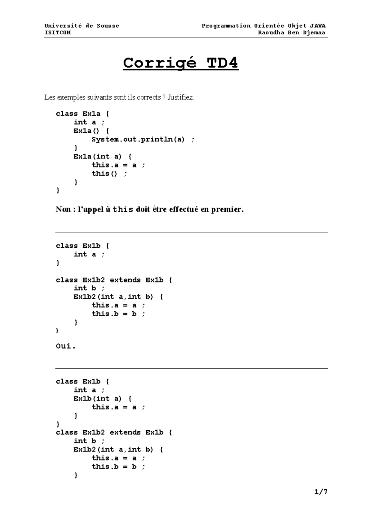 Correction TD4 - Programmation Orientée Objet JAVA ISITCOM - Studocu