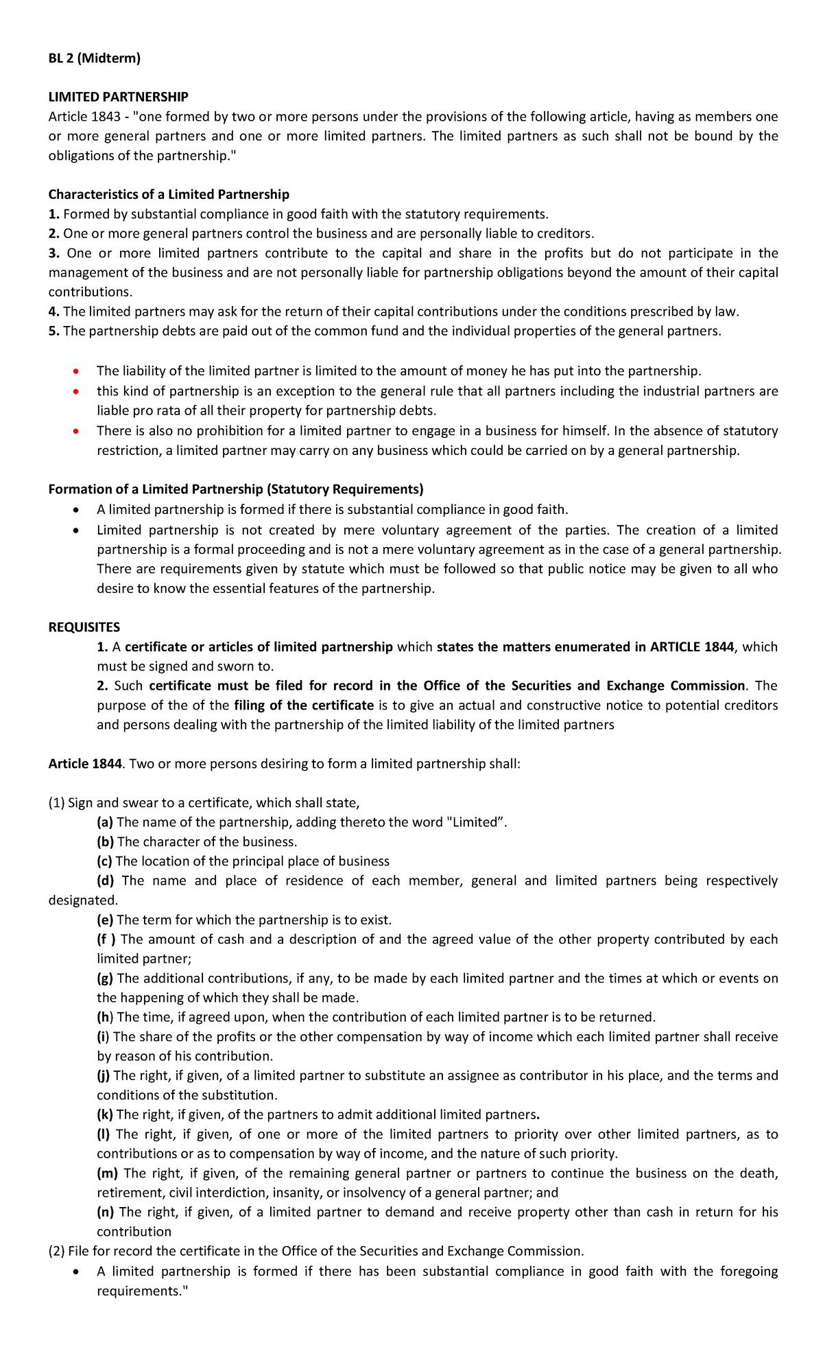 BL-2 - Business law - BL 2 (Midterm) LIMITED PARTNERSHIP Article 1843 ...