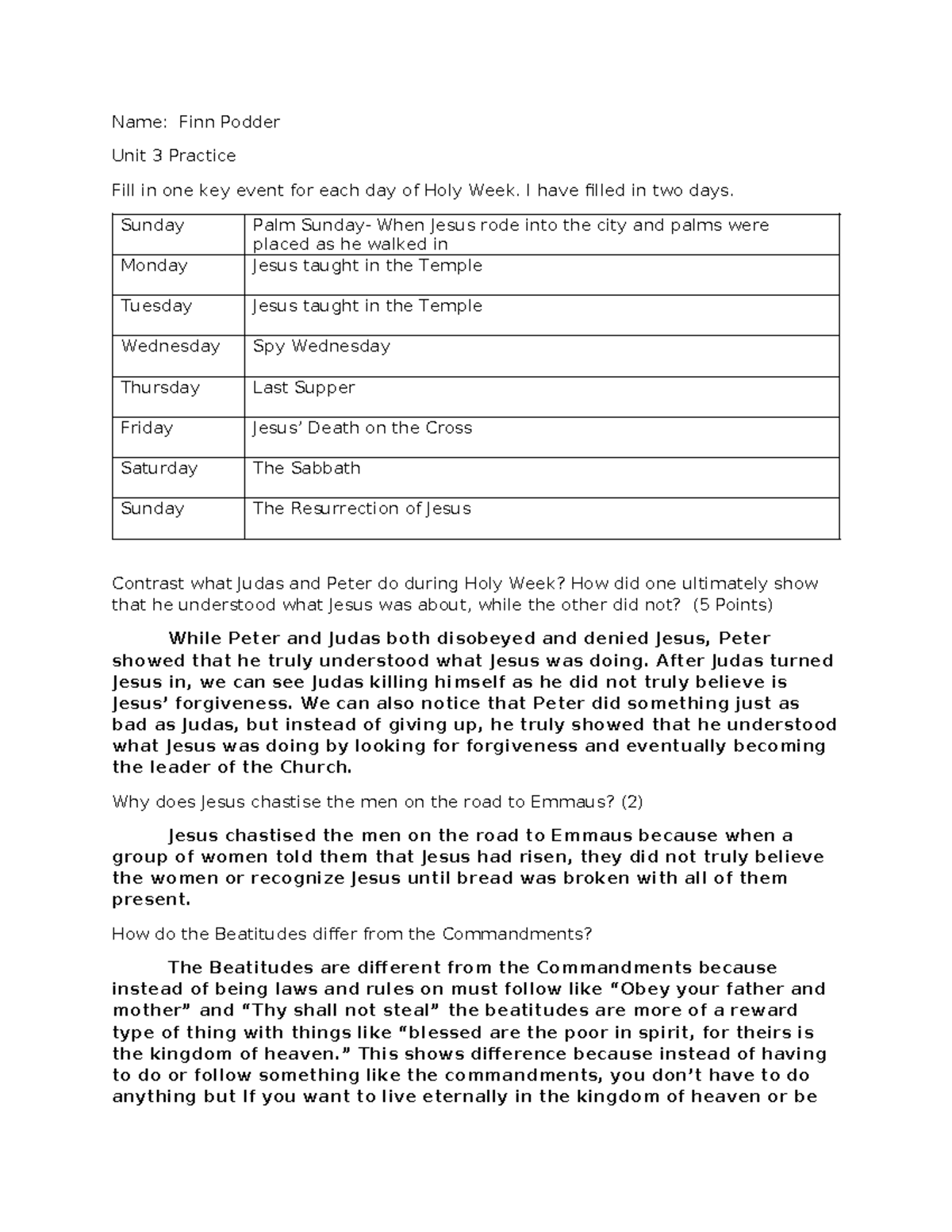 Unit 3 Practice: Key Events of Holy Week and Their Significance - Studocu