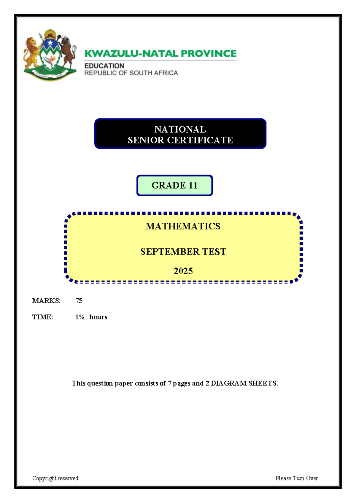 Mathematics Grade 11 September 2025 Test Question Paper - Studocu
