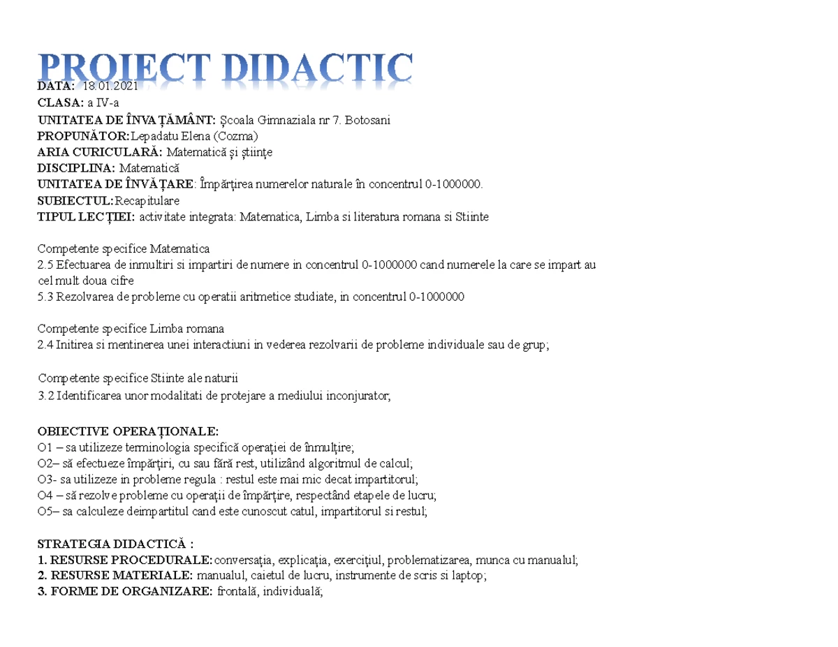 Recapitulare Proiect Didactic II: Drepturile Copilului în Clasa a V-a ...