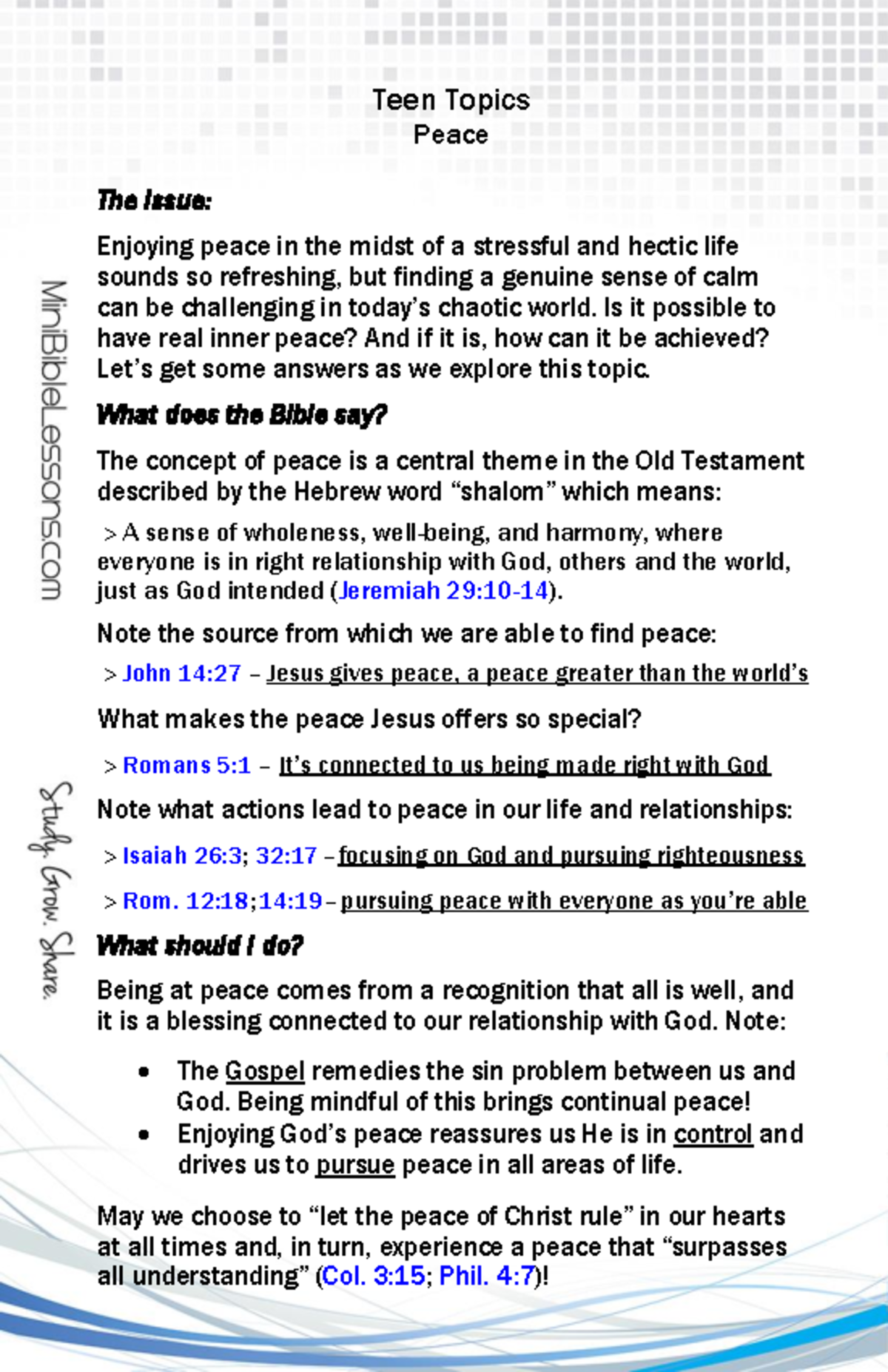 Lecture Notes on Topic Peace - Teen Topics Peace The Issue: Enjoying ...