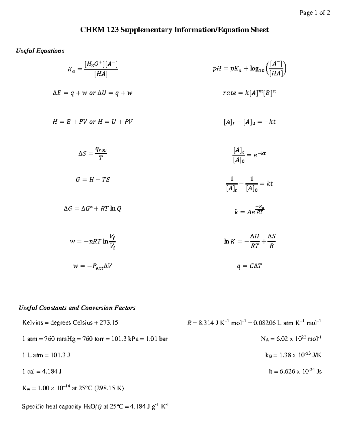 CHEM 123 2023W2 Formula & Equation Reference Sheet - Studocu