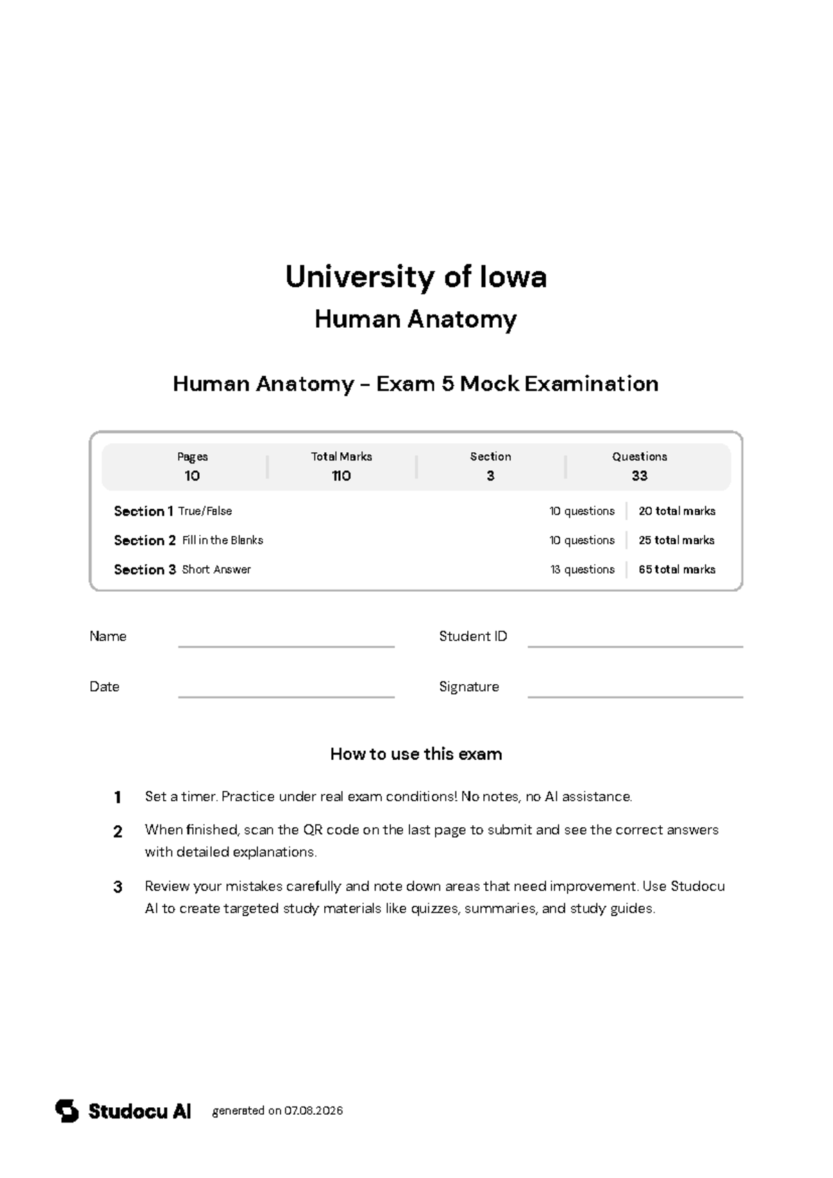 Human Anatomy - Exam 5 Mock Examination - Studocu