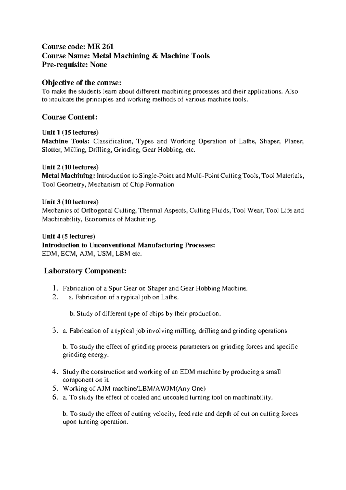 ME 261 Metal Machining Syllabus and Course Overview - Studocu