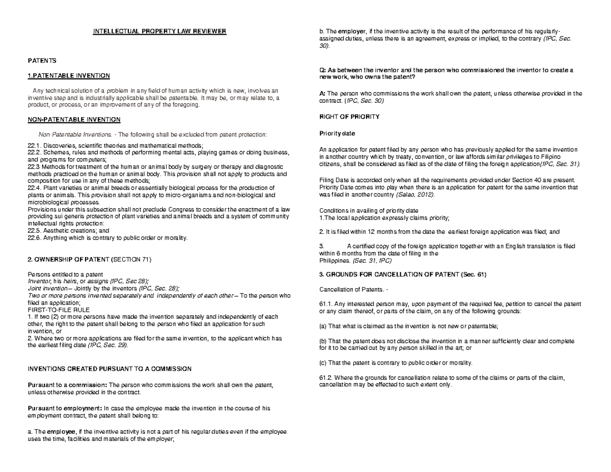 IPL-Reviewer - LECTURE NOTES on Intellectual Property Law - Studocu