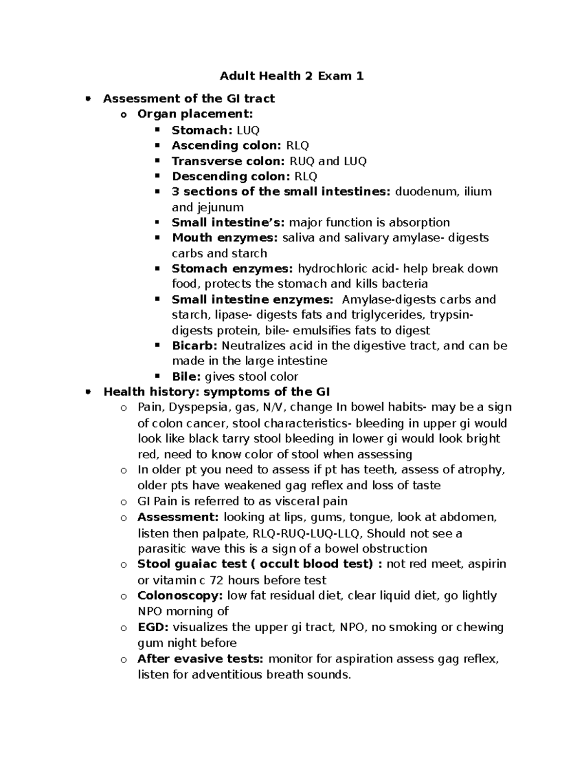 Adult Health 2 Exam 1 Study Guide: GI Tract Assessment & Disorders ...