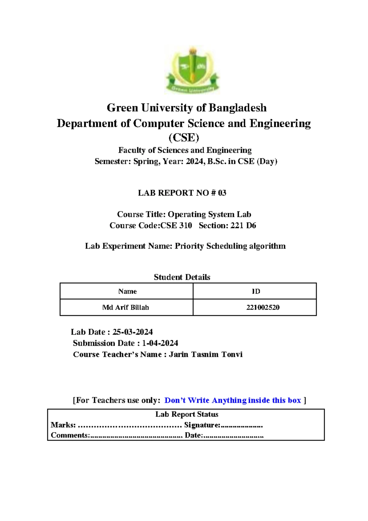 OS Lab Project Proposal Mahfuzur Rahman - Green University of ...