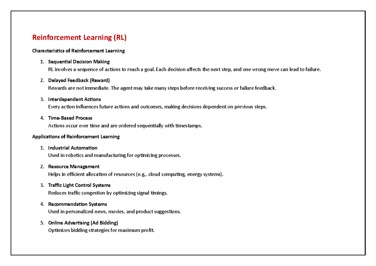 M5 ML VTU - Reinforcement Learning Characteristics & Applications - Studocu