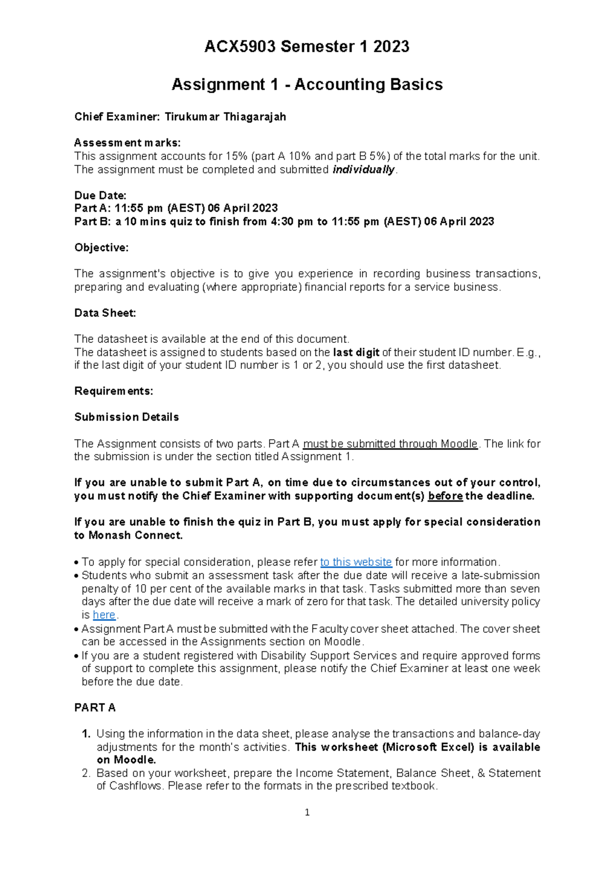 ACX5903 Semester 1 2023 Assignment 1: Accounting Basics & Data Sheet ...