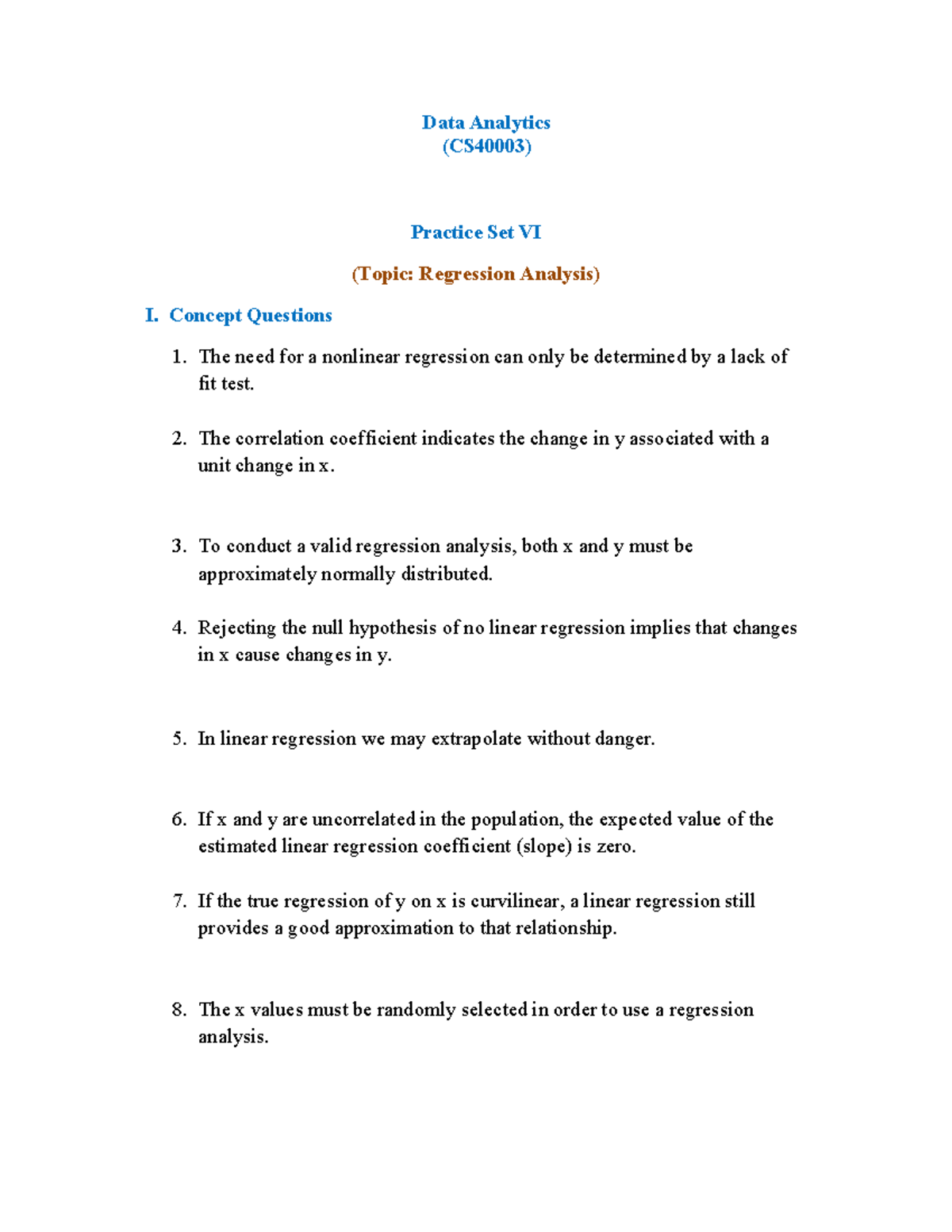 CS40003 Regression Analysis Practice Set VI Notes - Studocu