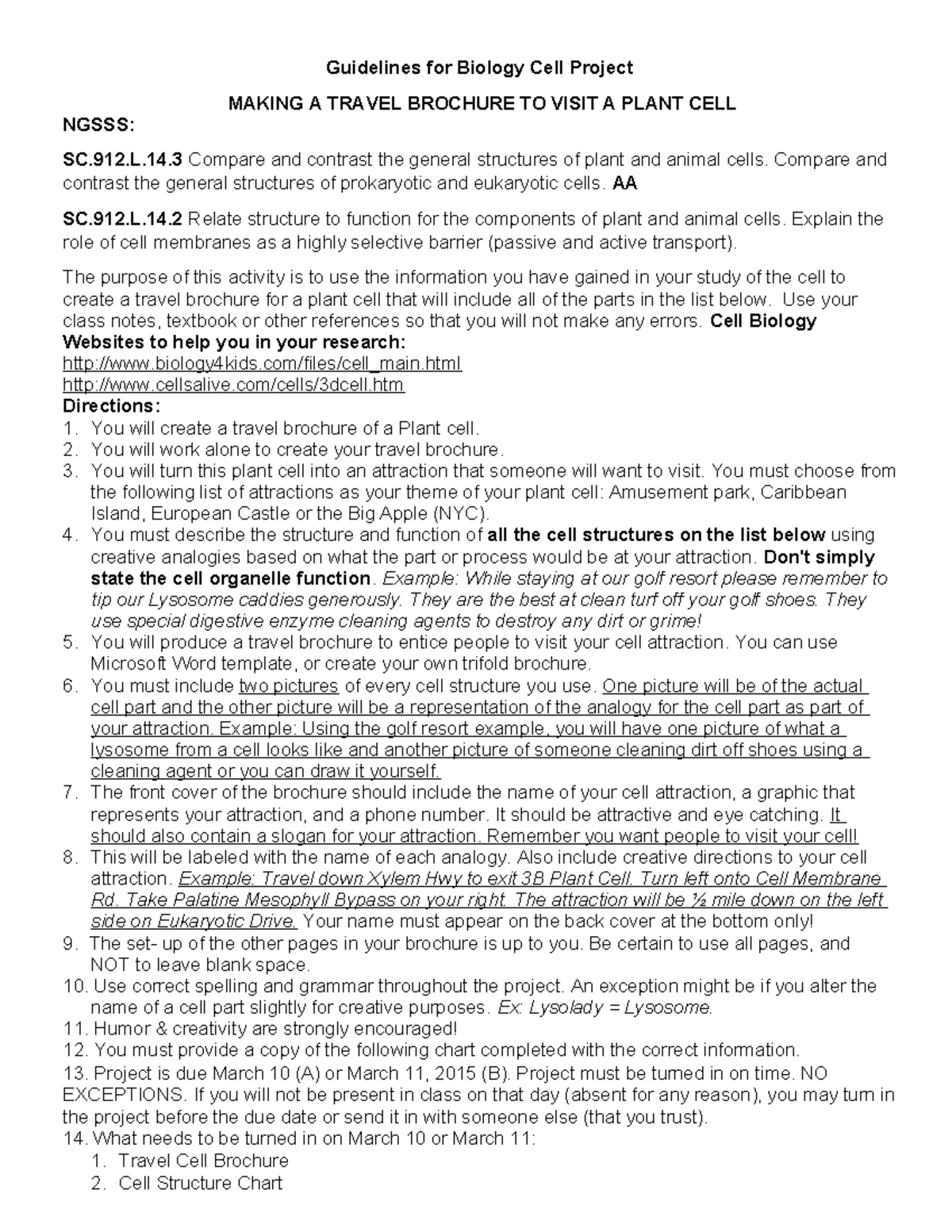 Biology SC.912.L.14.3 Plant Cell Travel Brochure Project Guidelines ...