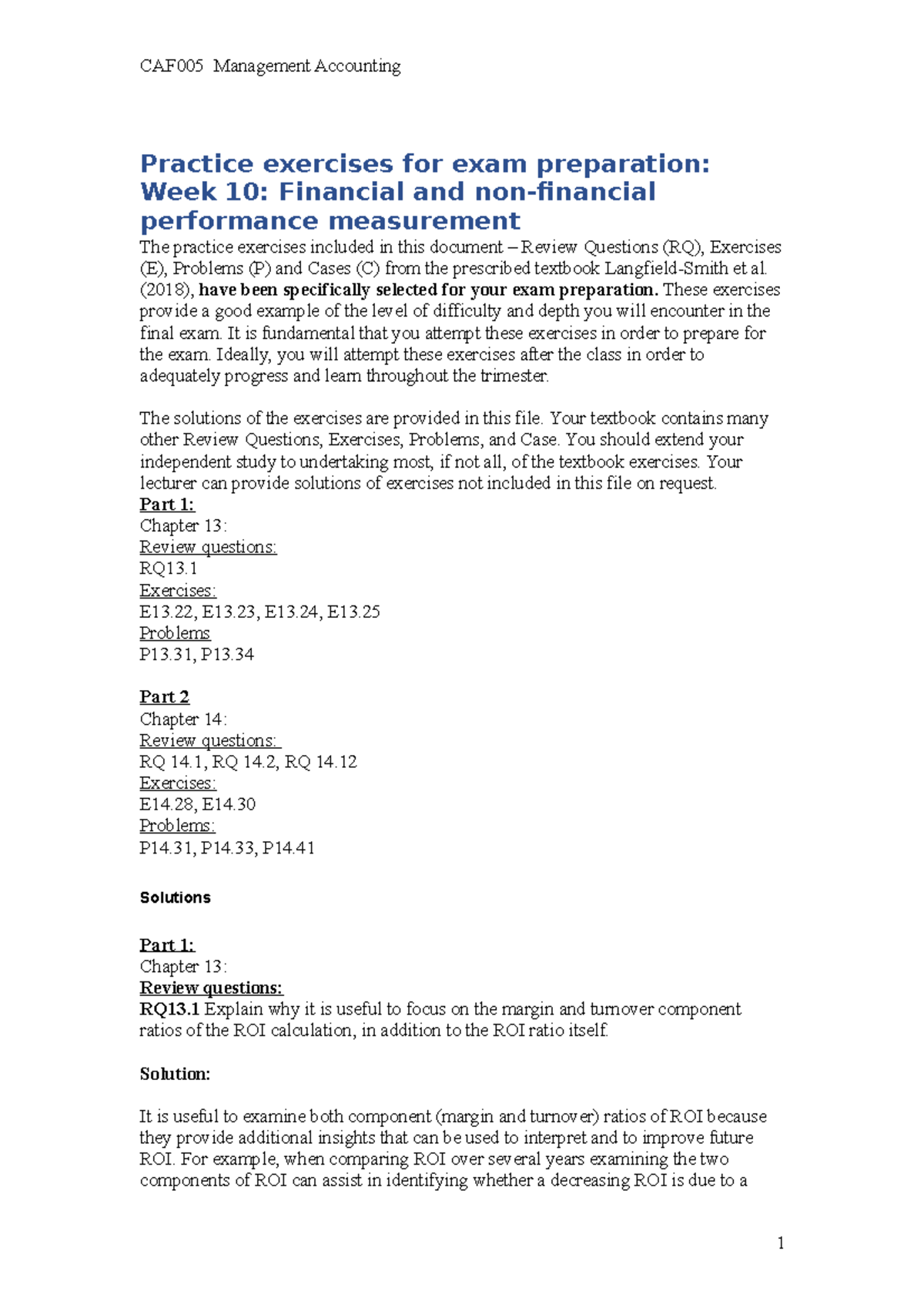 CAF005-Exam Prep Practice Exercises: Financial Performance-Wk 10 - Studocu