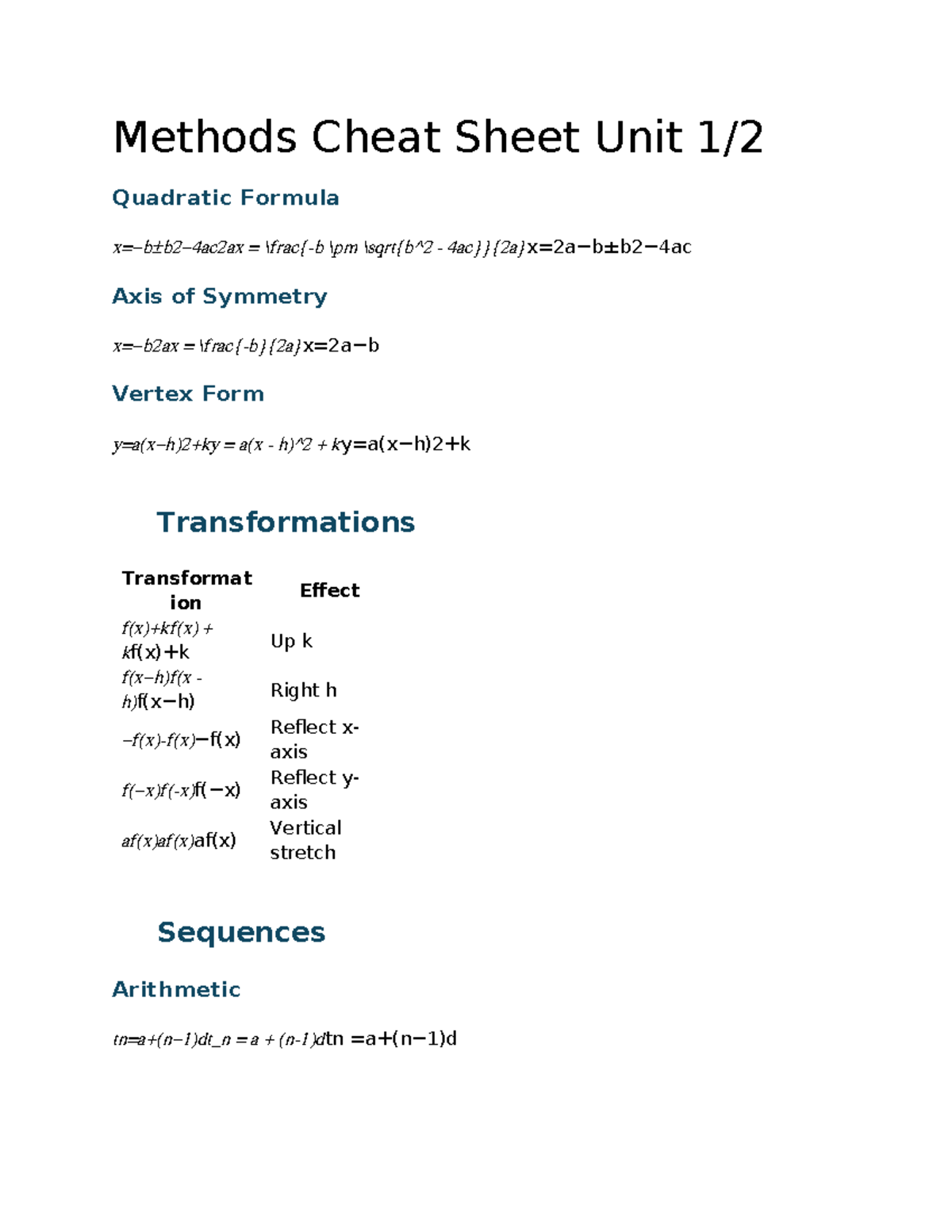 Vcemethodscheatsheet - Methods Cheat Sheet Unit 1/ Quadratic Formula x ...