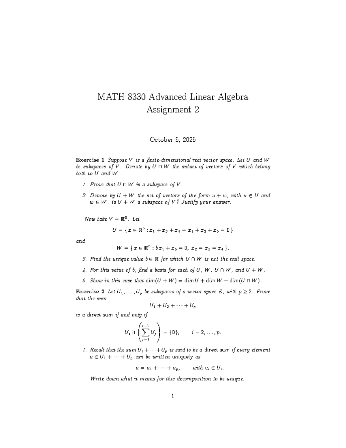 MATH 8330 Advanced Linear Algebra Homework 2 Questions - Studocu