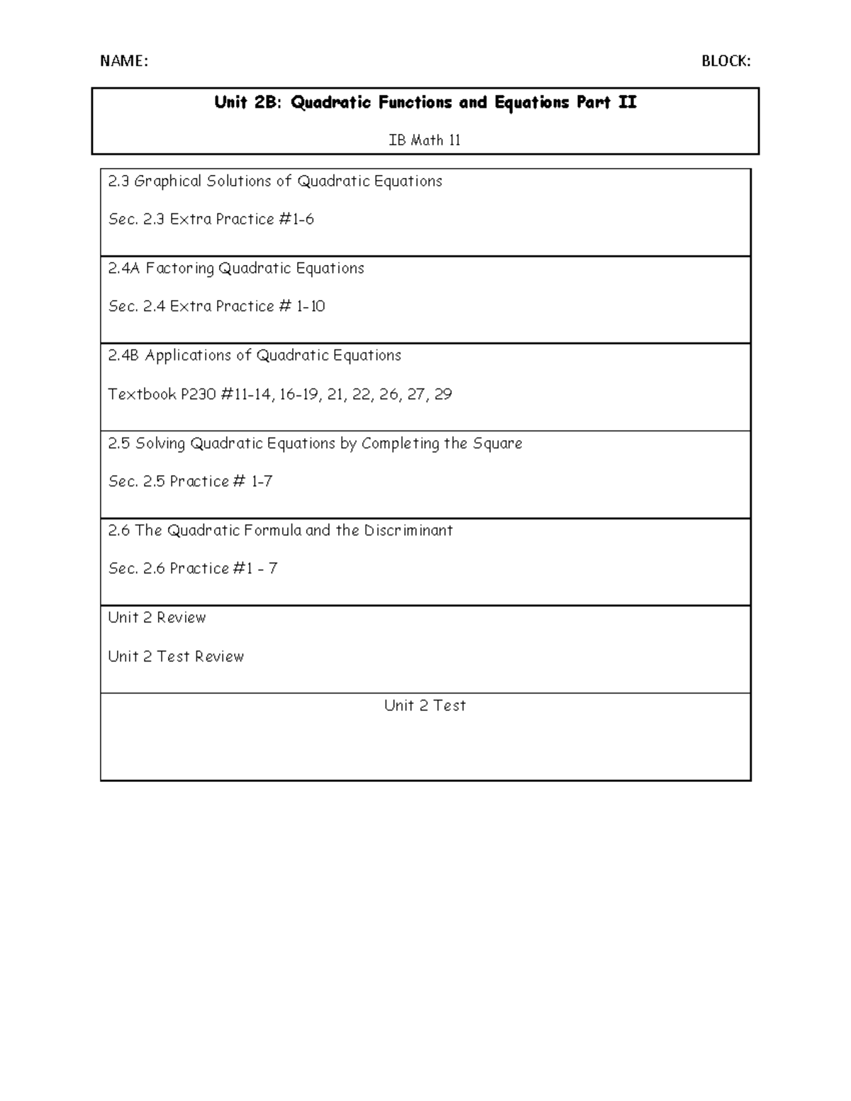 Unit 2B: Quadratic Functions & Equations Practice IB Math 11 - Studocu