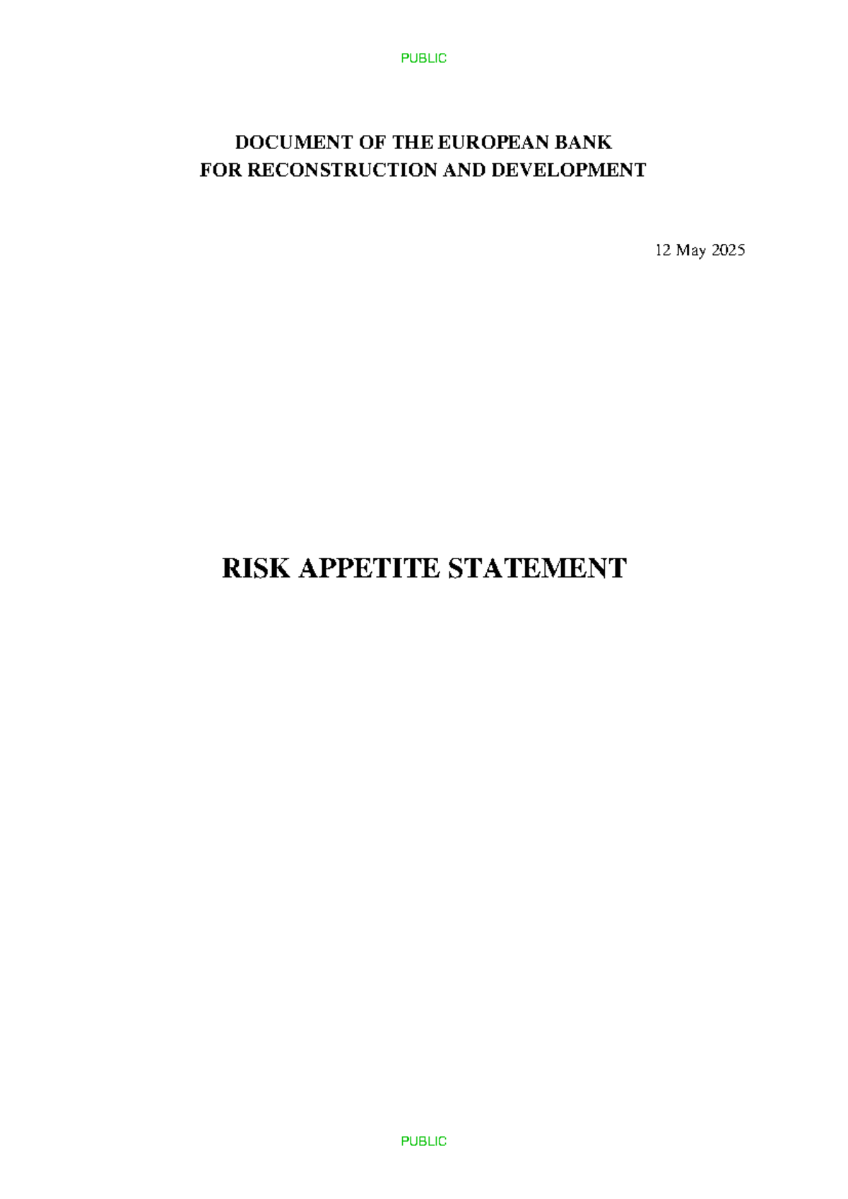 Risk Appetite Statement of the EBRD - Public Document (May 2025) - Studocu