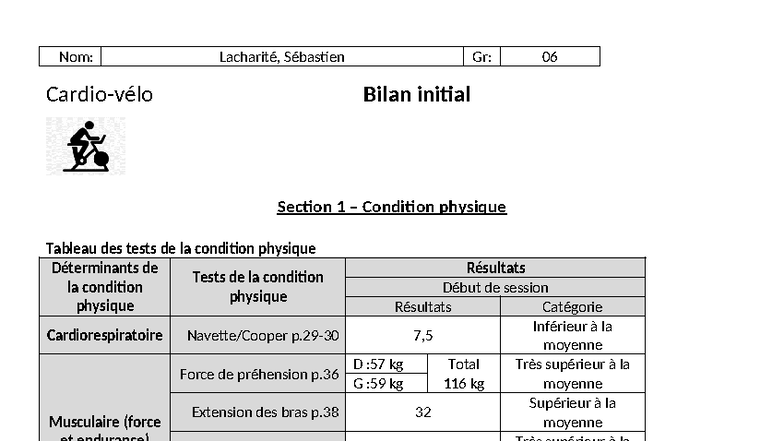 Bilan Initial de Condition Physique - Sébastien Lacharité (Gr: 06 ...