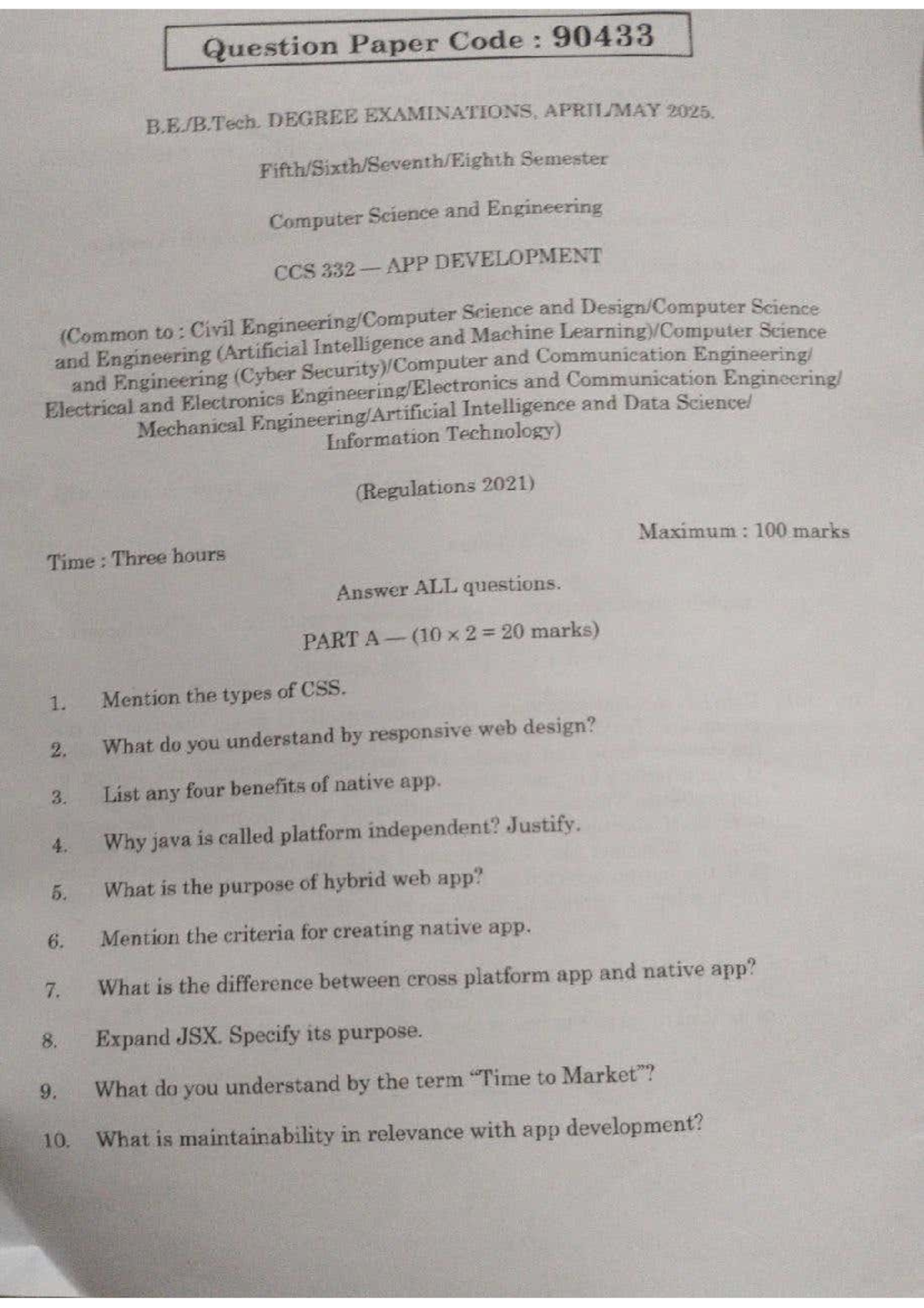 CCS 332 Final Exam Question Paper 2025: App Development Insights - Studocu