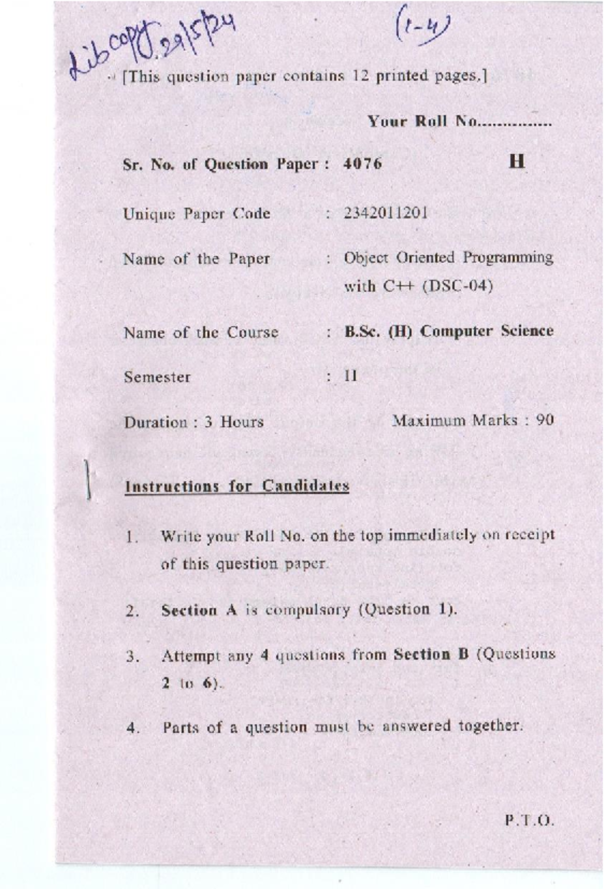 B.Sc. (H) Computer Science II Sem: Object Oriented Programming Exam ...