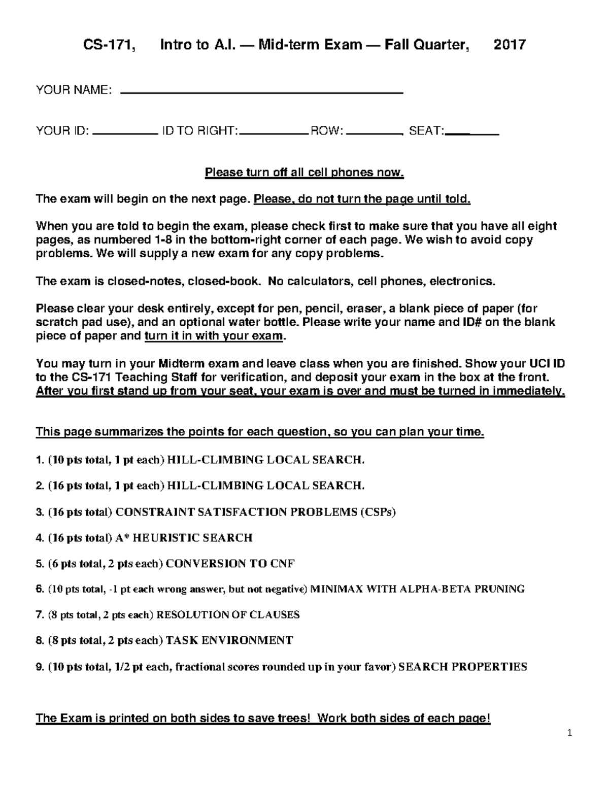 CS-171 Midterm Exam Guide - Fall Quarter 2017 - Studocu