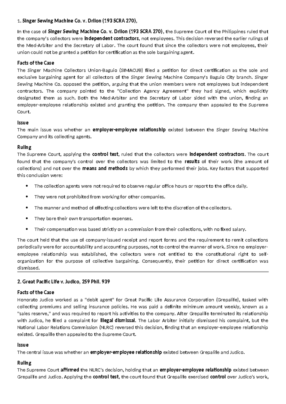 Labor Law Case Digests: Key Rulings on Employment Relationships (1st ...