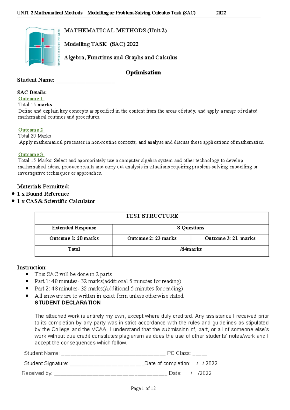 Calculus Task 2022 (investigation task) - MATHEMATICAL METHODS (Unit 2 ...