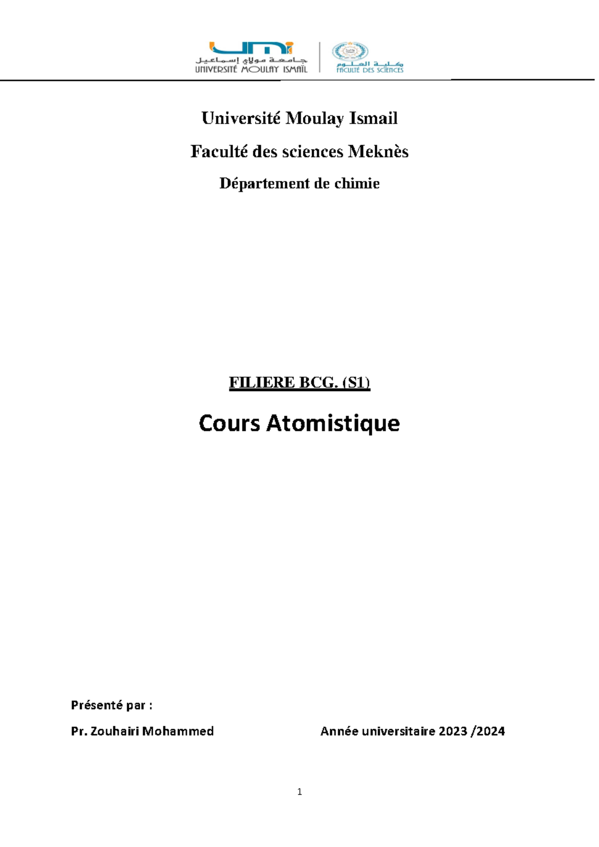 Cours Atomistique BCG S1 : Fondamentaux et Théories de l - Document Preview