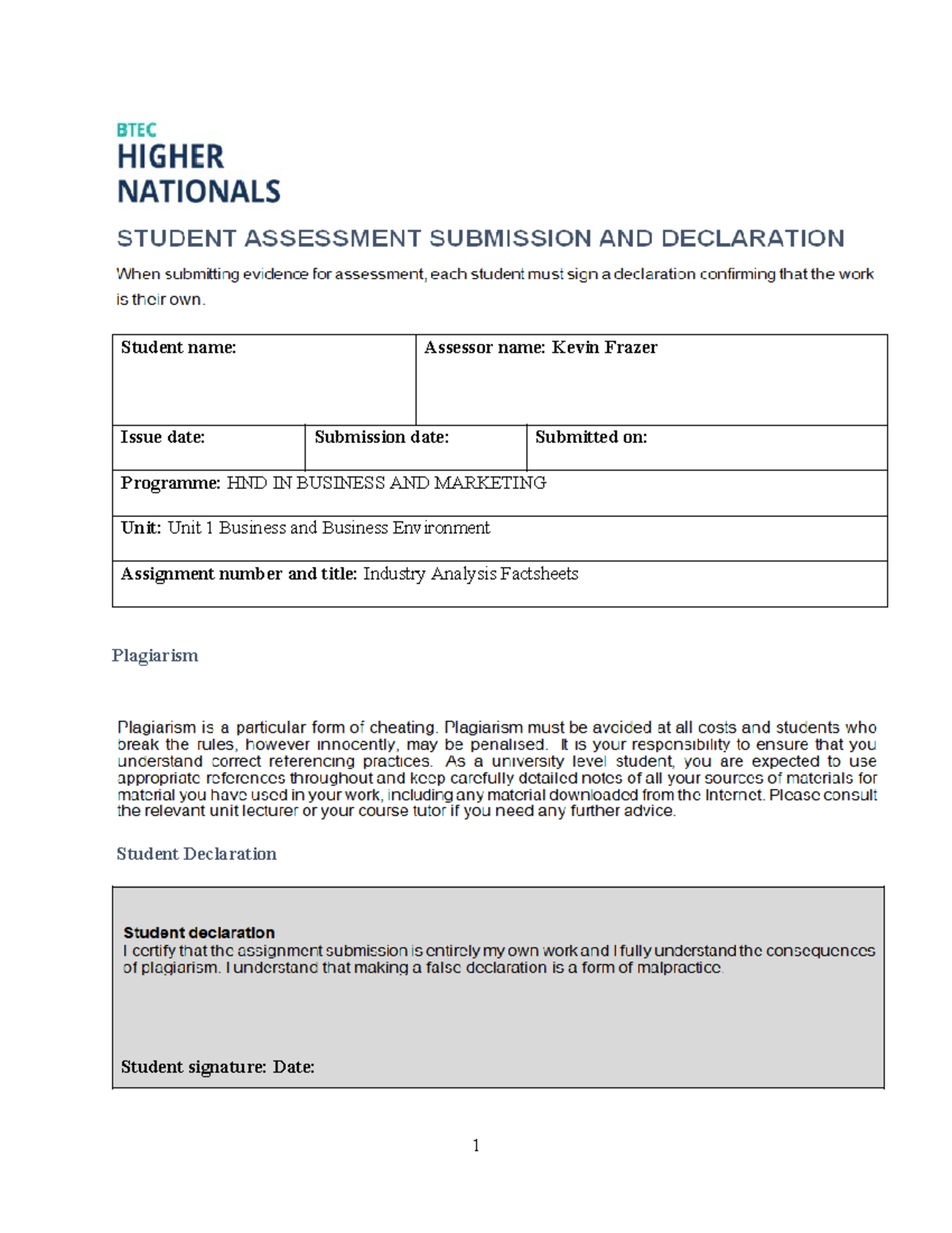 Unit 1: Business and Business Environment Industry Analysis Report ...