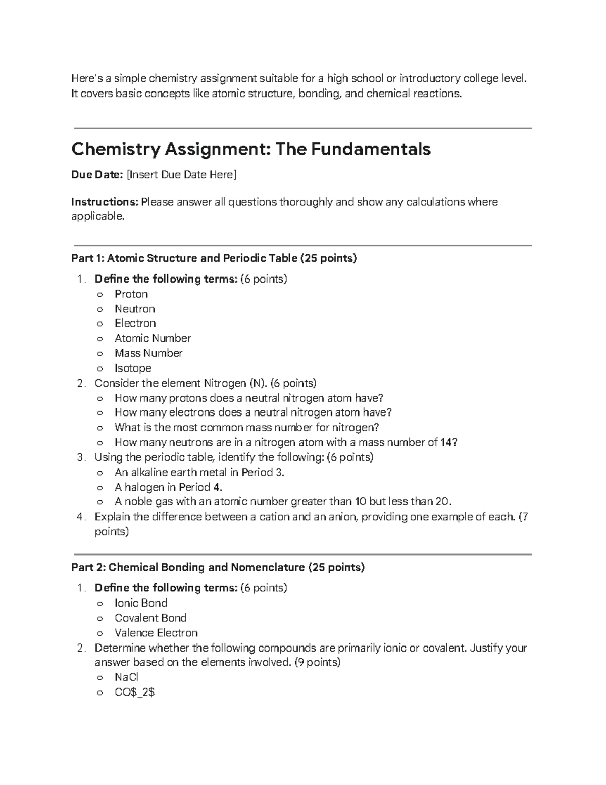 Chemistry 101: Introductory Assignment on Atomic Structure & Reactions ...