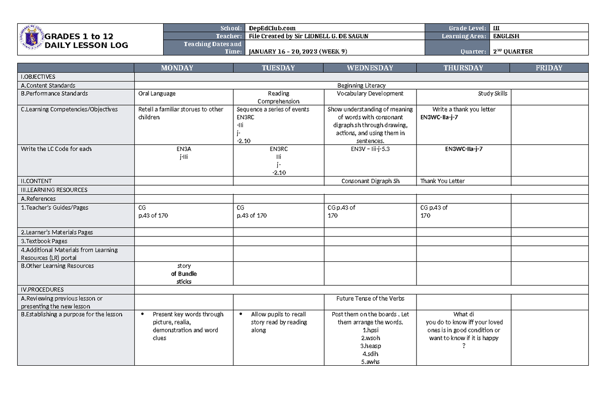 DLL English 3 Q2 W9 - dertre - GRADES 1 to 12 DAILY LESSON LOG School ...