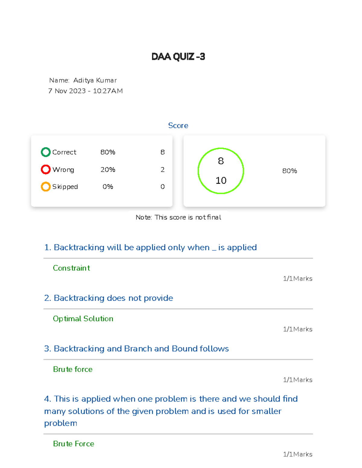 DAA Quiz Answer Sheet - Study Guide by Aditya Kumar (80% Score) - Studocu
