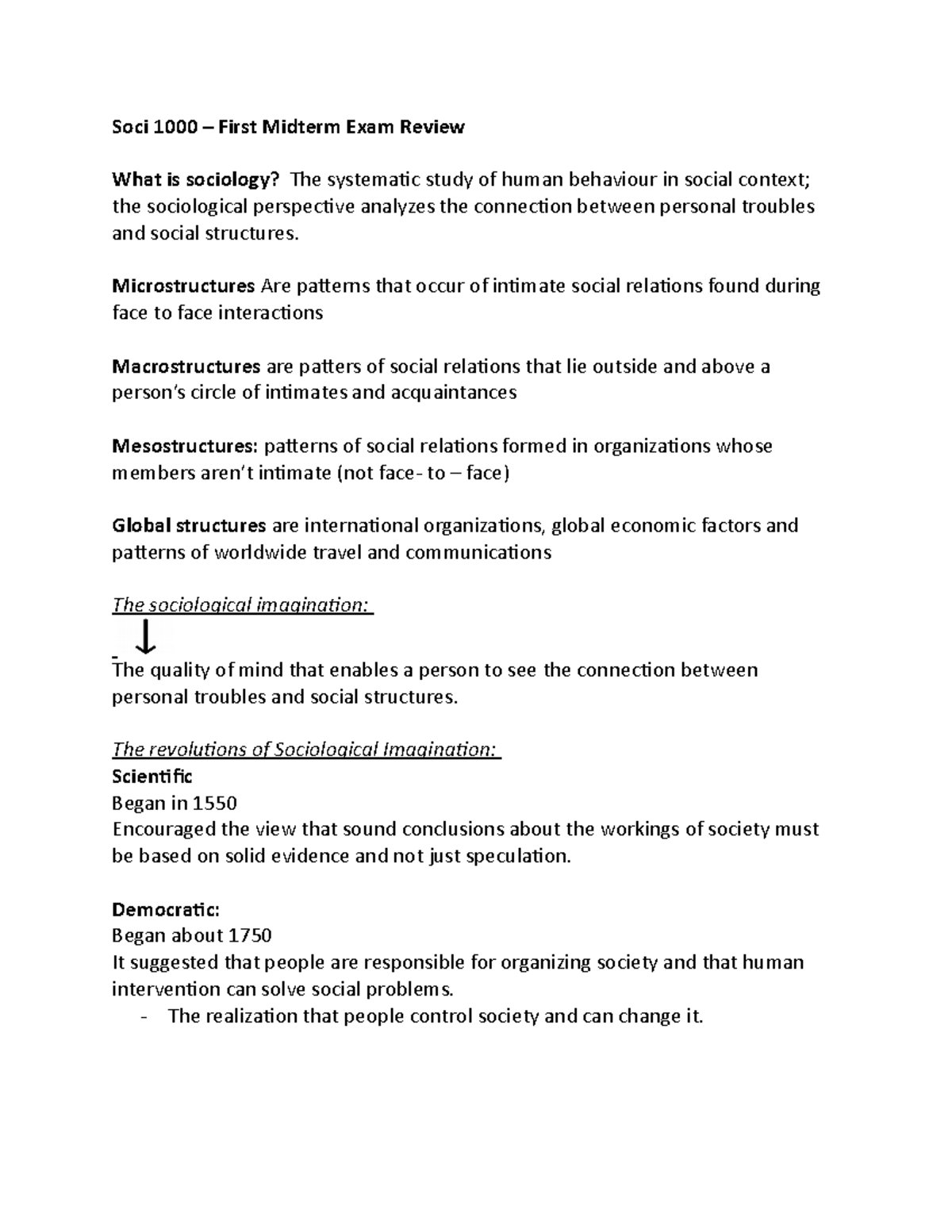 Sociology 1000: Comprehensive Midterm Exam Review Notes - Studocu