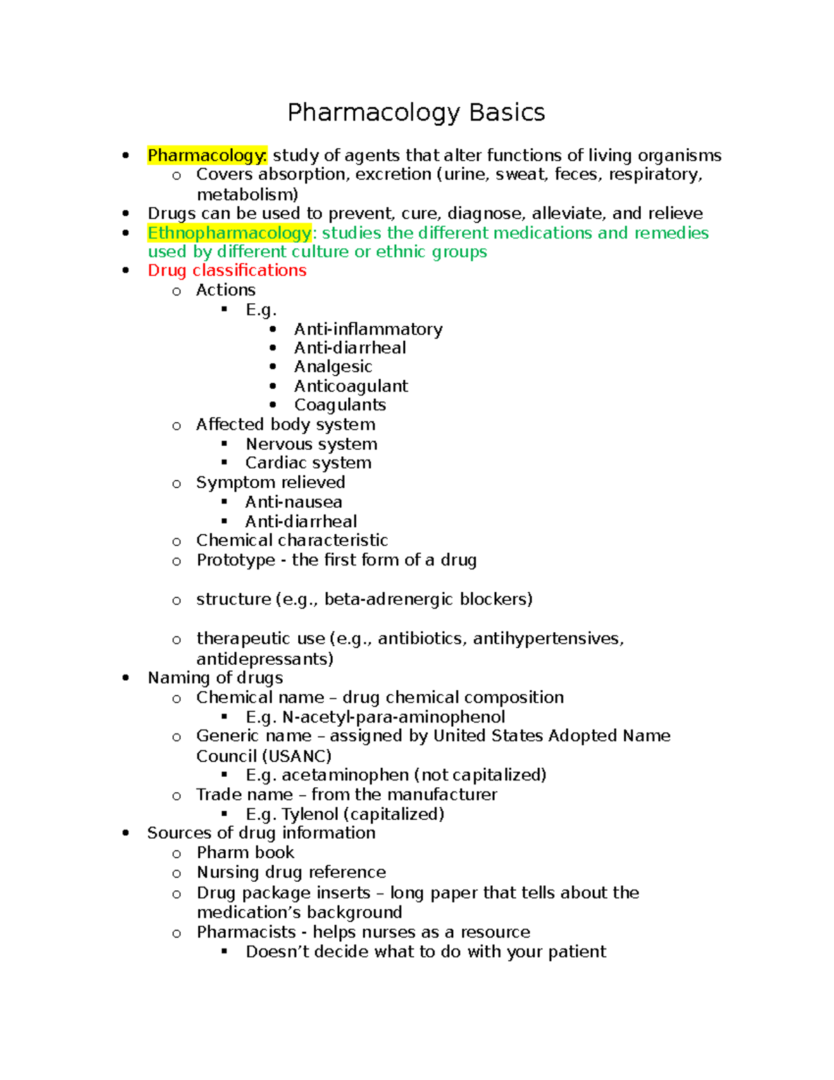 Pharm test 1 - notes - Pharmacology Basics Pharmacology: study of ...