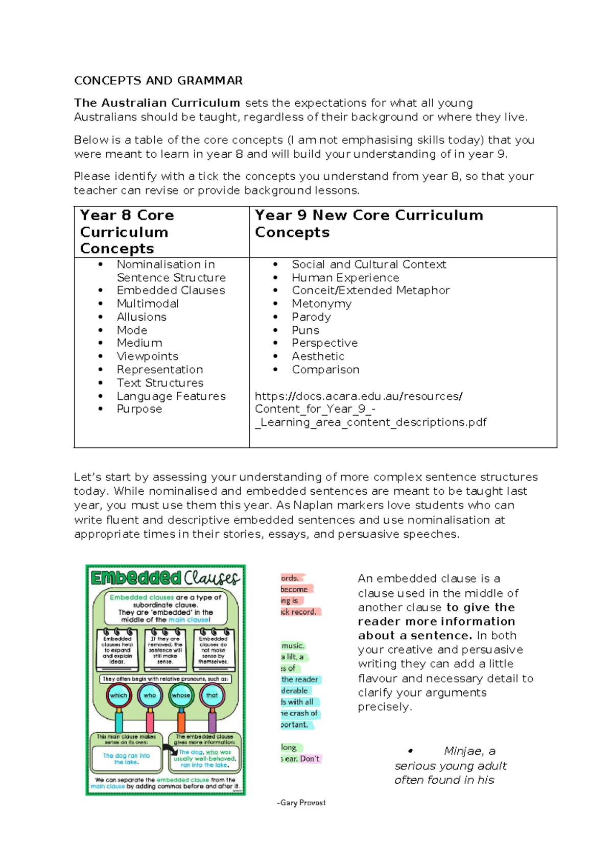 Year 8 & 9 Concepts: Grammar & Sentence Structure Guide - Studocu