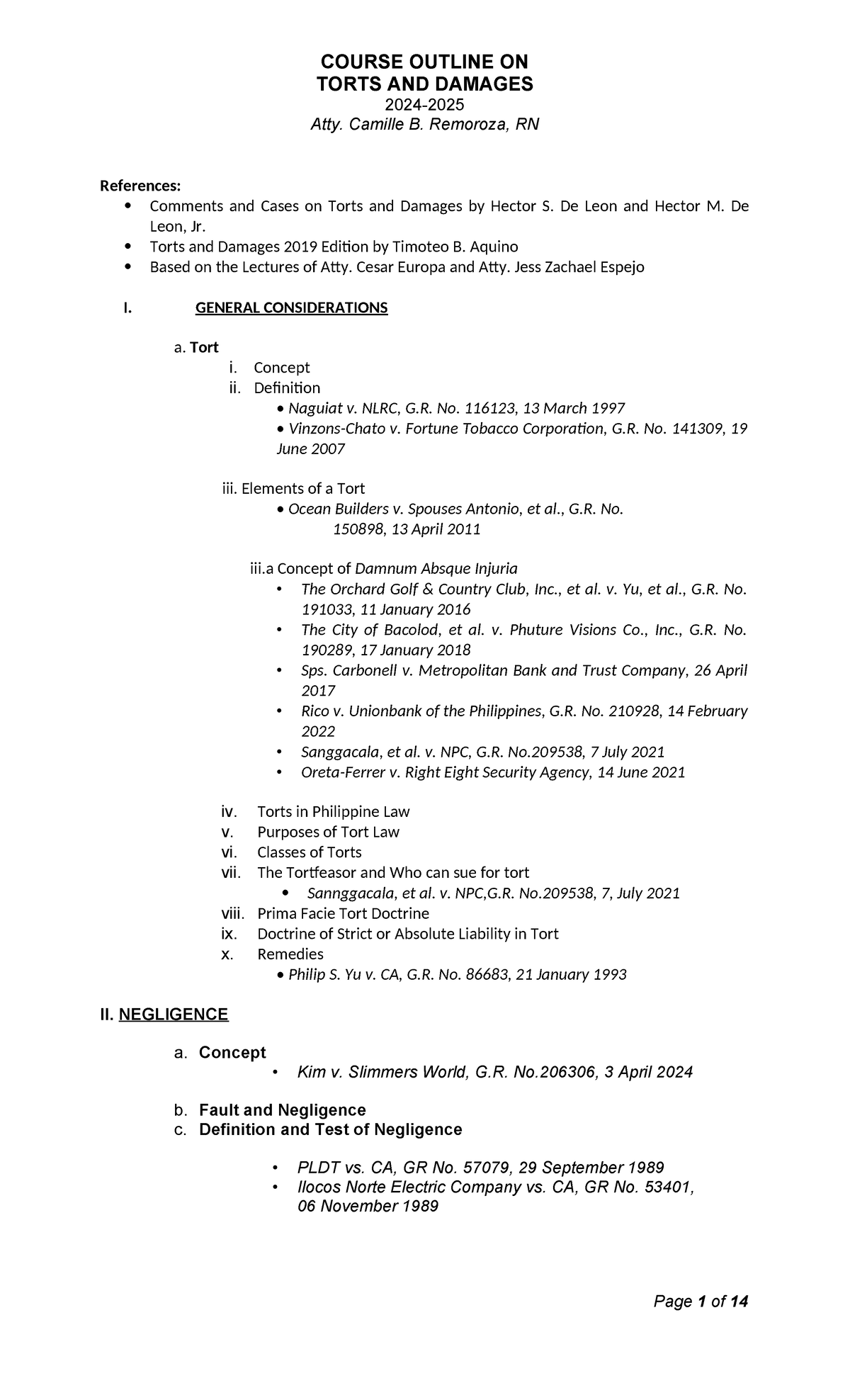 Torts and Damages 2024 Case List - Atty. Camille B. Remoroza - Studocu