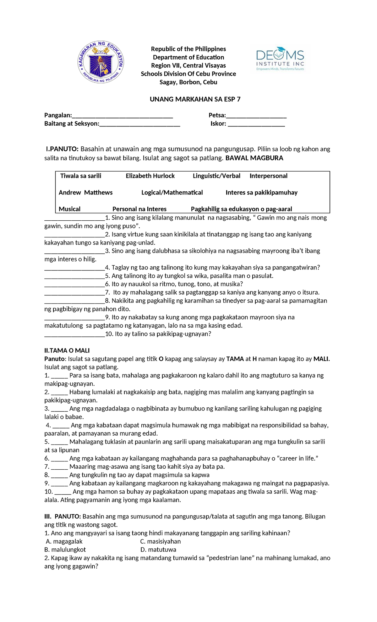 ## 1st Periodical Test in ESP 7 - Test Paper - Studocu