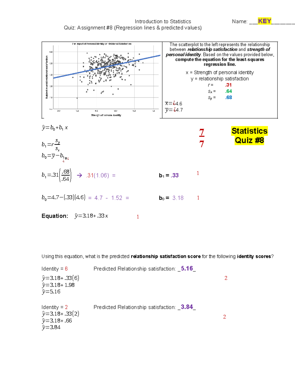 UA statistics py211 - Introduction to Statistics Name: KEY______ Quiz ...