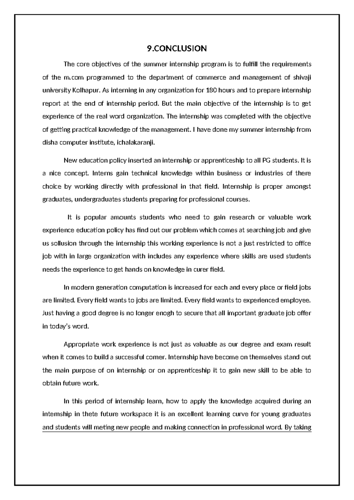 M.Com Internship Report: Insights from Disha Computer Institute - Studocu