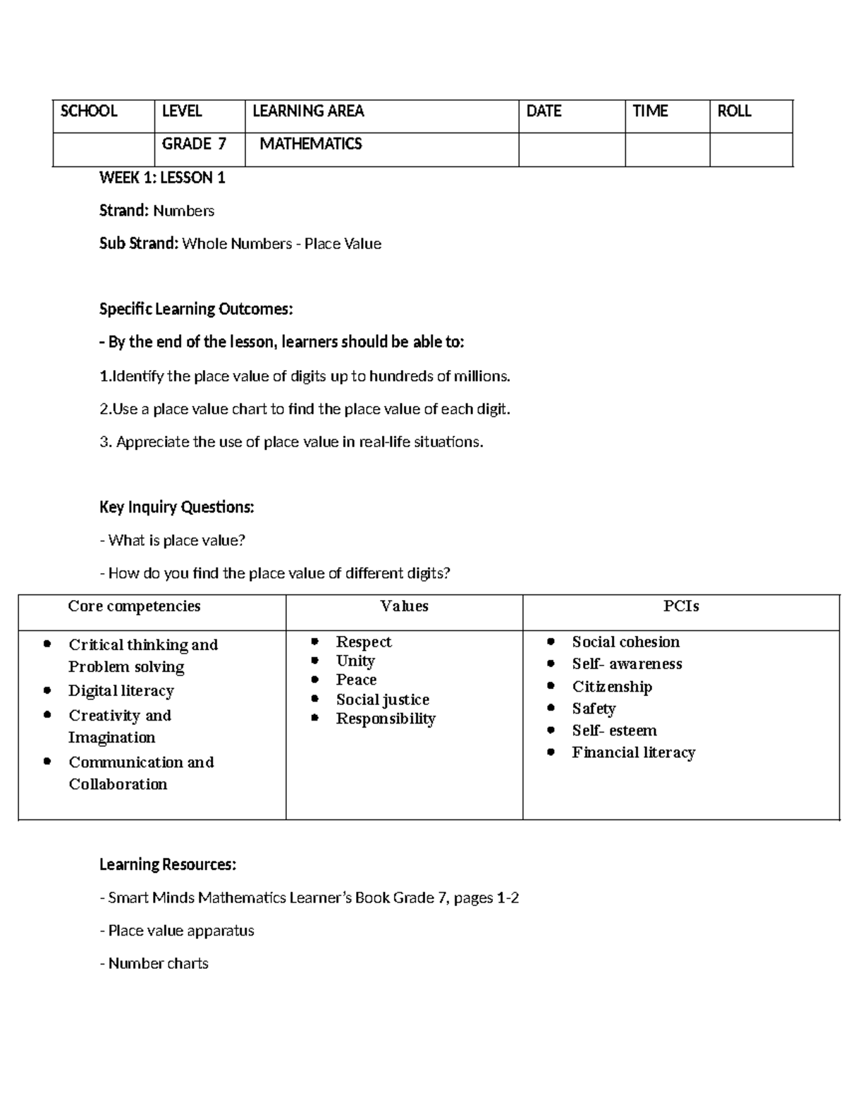 Grade 7 Mathematics Lesson Plans Term 1 (17200) - Week 1 Overview - Studocu