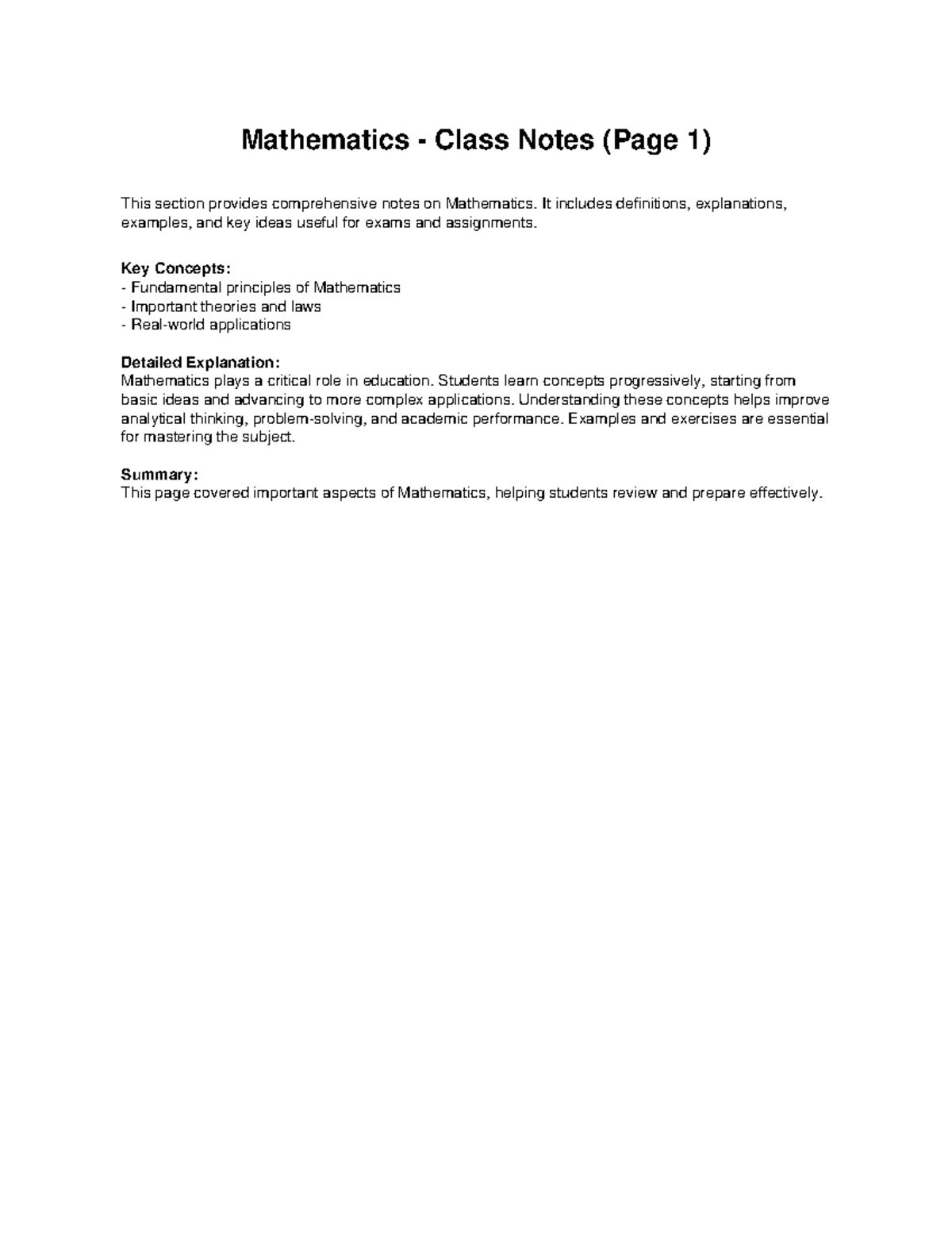 Mathematics Class Notes (Pages 1 & 2) for Exam Prep - Studocu