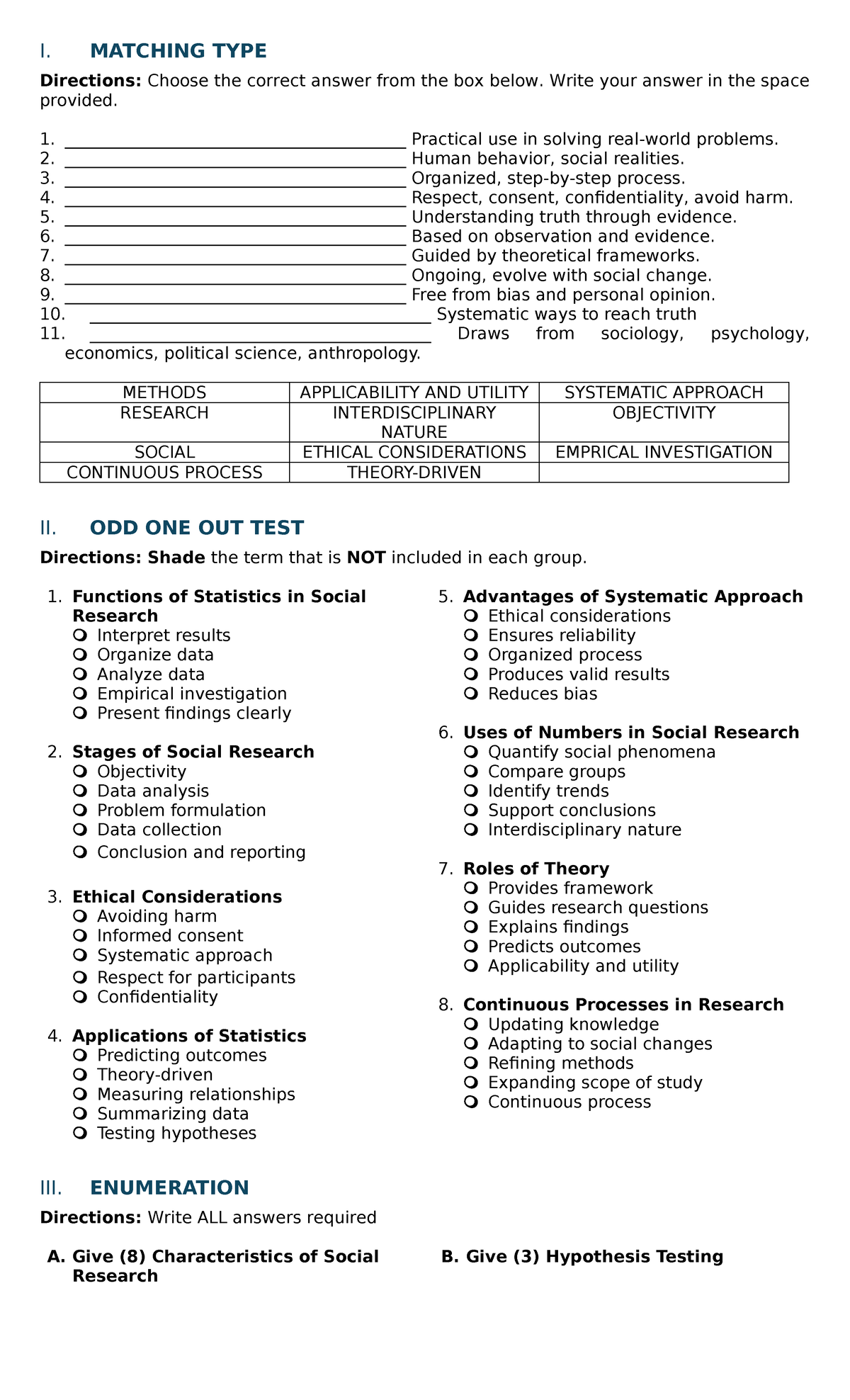 Social Research Methods: Matching Type & Enumeration Review (ETST ...