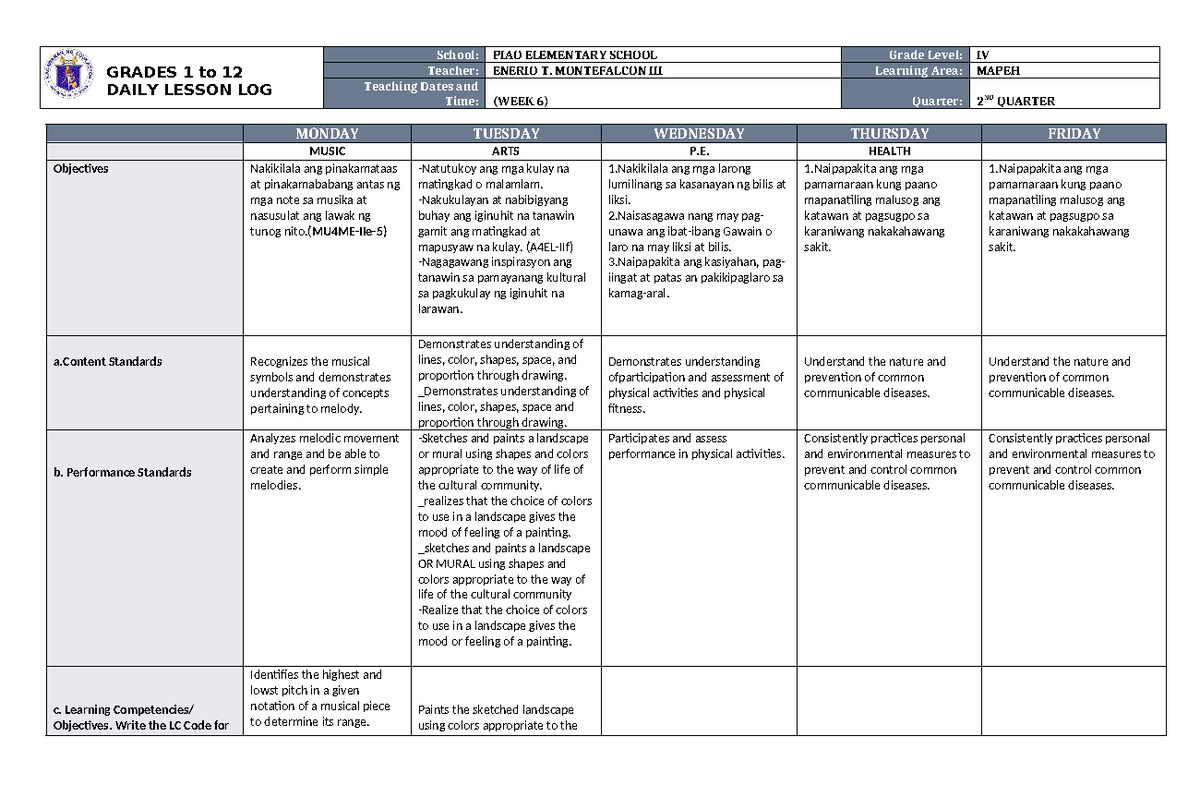 DLL MAPEH 4 2ND QTR WEEK 6: Lesson Plans and Objectives - Studocu