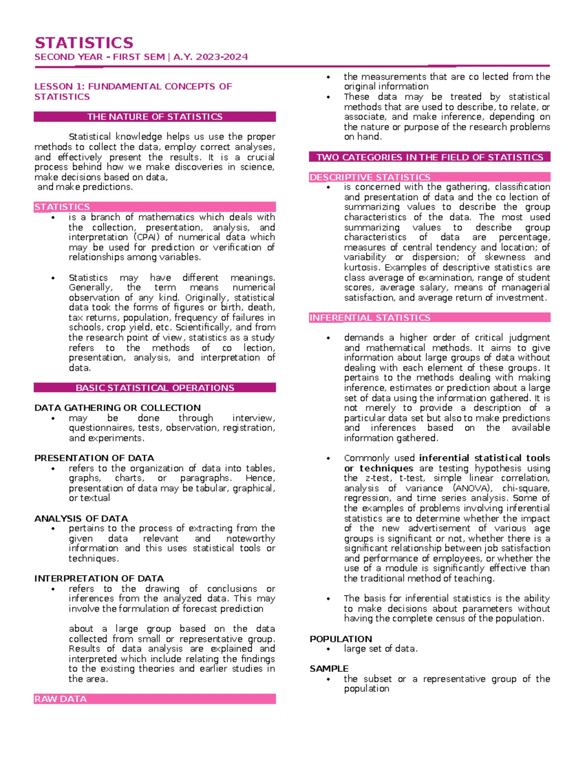 STAT 203 Statistical Analysis: Key Concepts and Definitions - Studocu