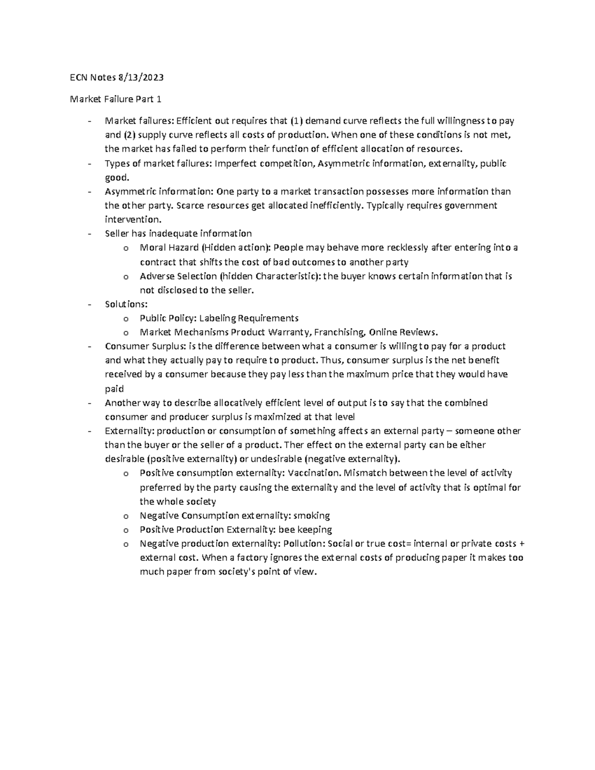 ECN Notes 8-13-2023: Market Failures and Externalities Overview - Studocu